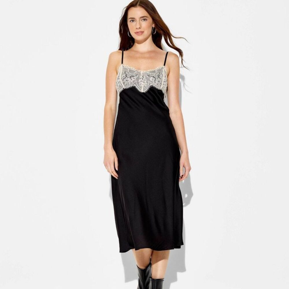 Women's Lace Trim Satin Midi A-Line Dress - Wild Fable Black XXS